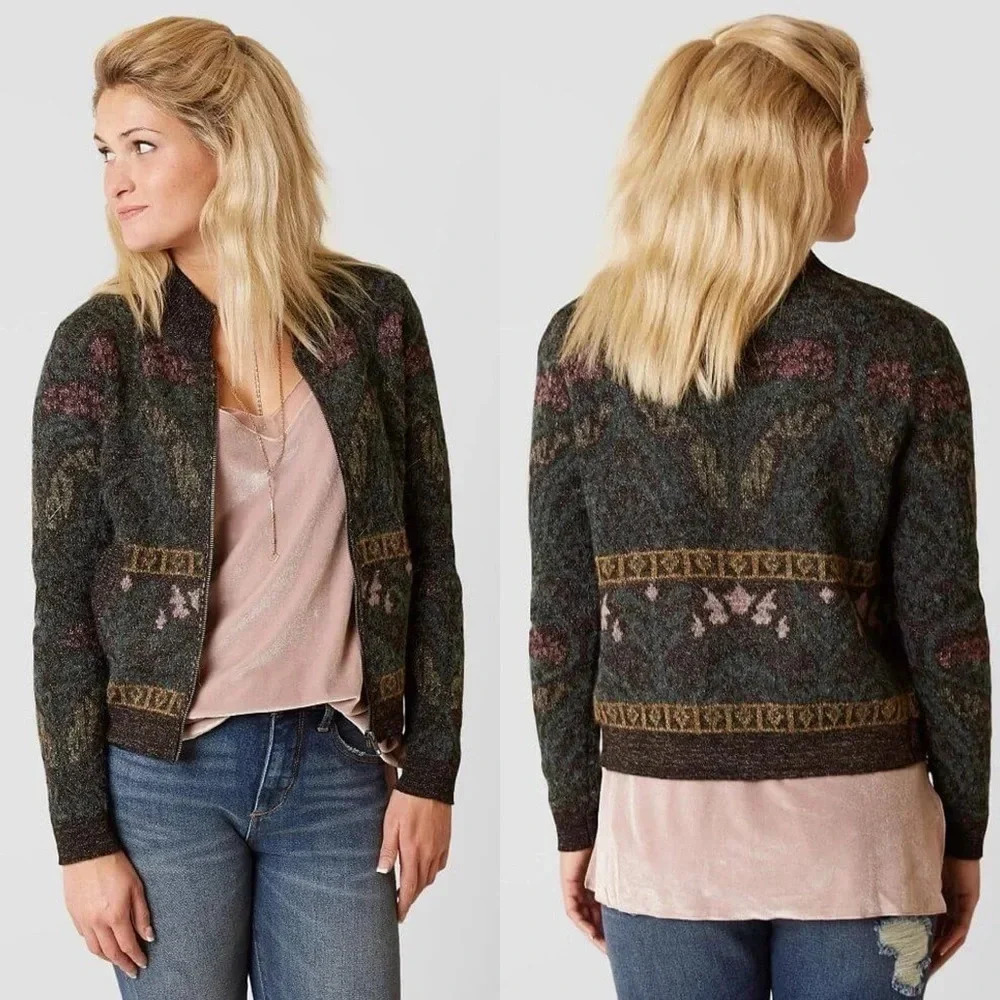 New Buckle Gimmicks Wool Blend Fuzzy Cardigan Bomber Jacket Fair Isle Zip knit